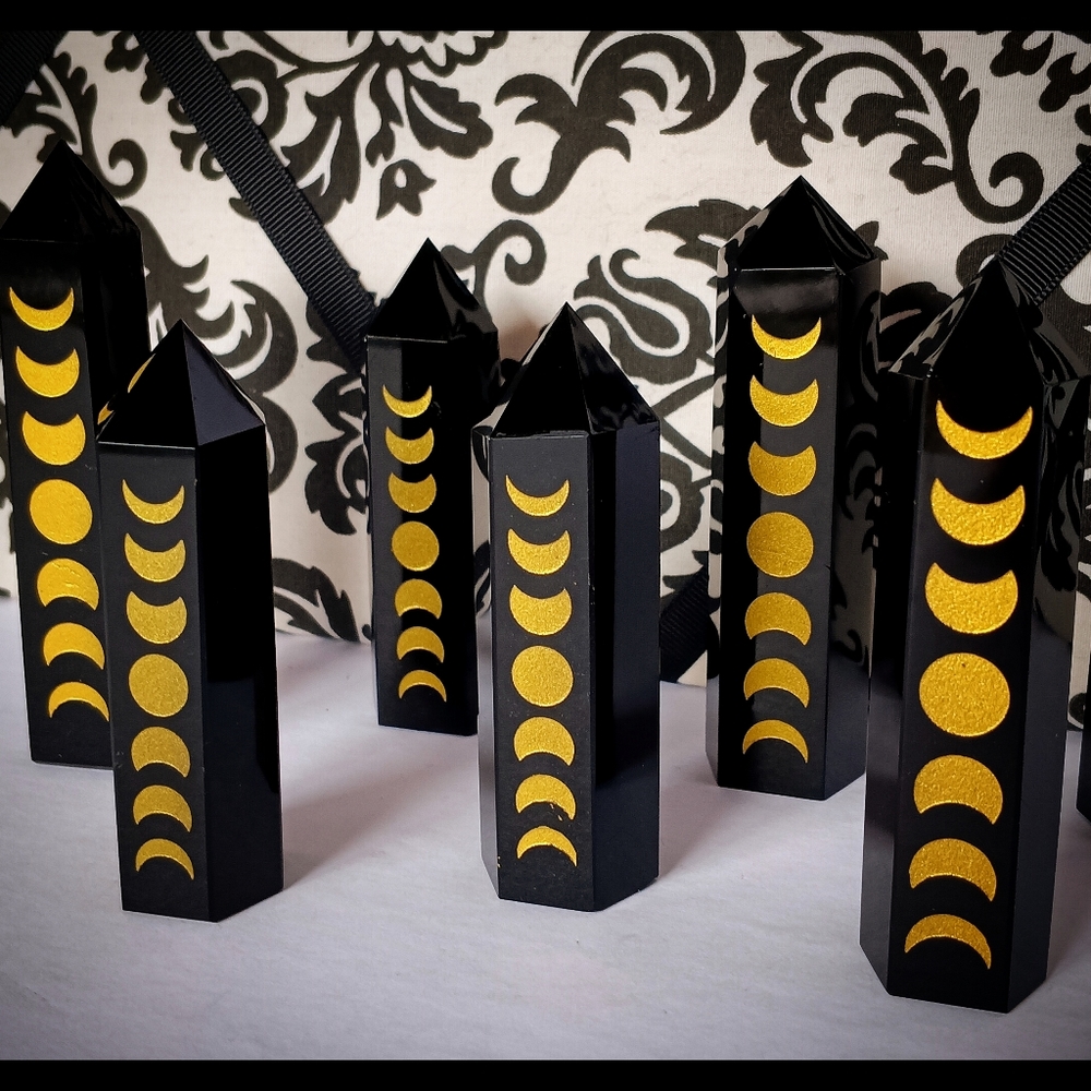 🖤 Obsidian Crystal Tower Moon Phase Wiccan Witch Black Gold Protection Etched